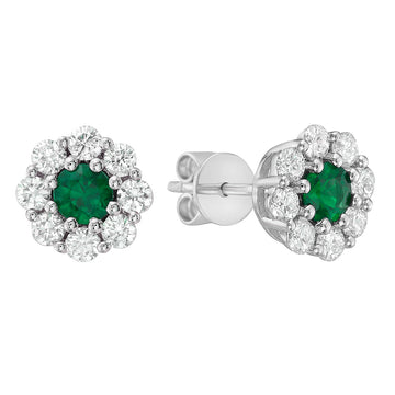 14K White Gold Emerald and Diamond Halo Cluster Studs