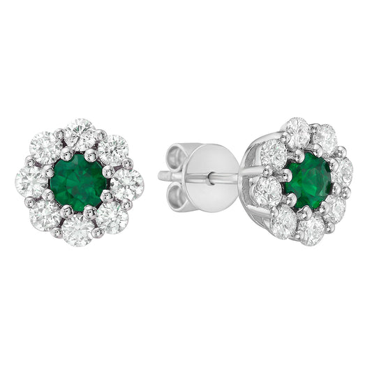 14K White Gold Emerald and Diamond Halo Cluster Studs