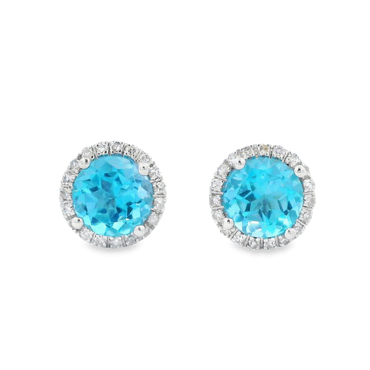 14K White Gold Blue Topaz Halo Studs