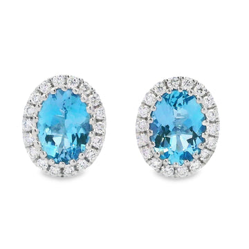 14K White Gold Oval Aquamarine & Diamond Studs