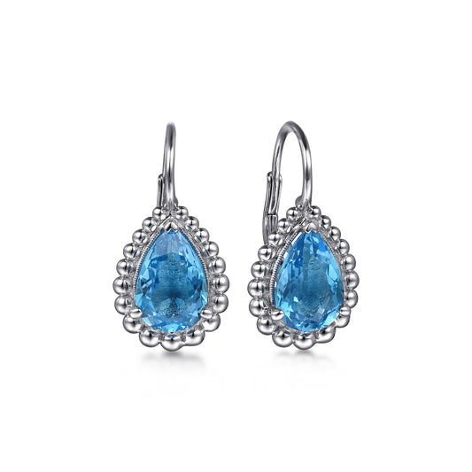 Gabriel & Co. Sterling Silver Swiss Blue Topaz Bujukan Pear Shape Leverback Earrings With Bead Pattern