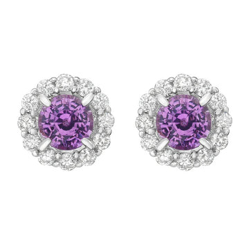 14K White Gold Pink Sapphires and Diamond Halo Stud Earrings