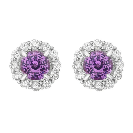 14K White Gold Pink Sapphires and Diamond Halo Stud Earrings