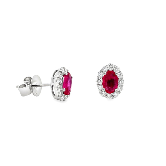 18K White Gold Oval Ruby with Diamond Halo Stud Earrings