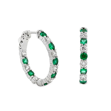 18K White Gold Alternating Emerald and Diamond Hoop Earrings