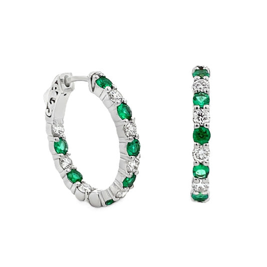 18K White Gold Alternating Emerald and Diamond Hoop Earrings