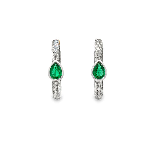 18K White Gold Diamonds and Bezel-Set Emerald Accent Elongated Hoop Earrings
