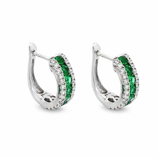 18K White Gold Emerald and Diamond Hoop Earrings