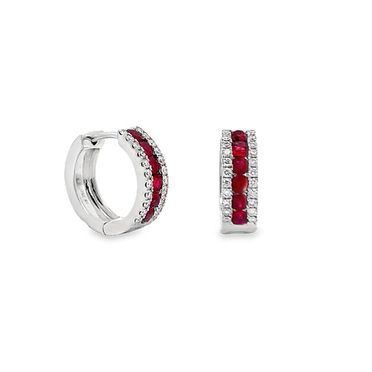 18K White Gold Ruby and Diamond Hoop Earrings