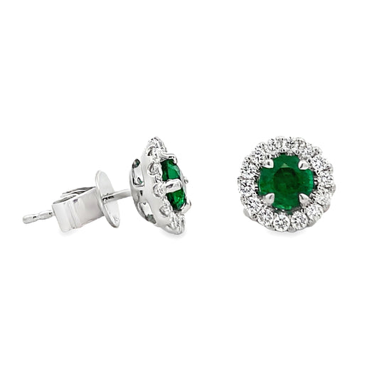 18K White Gold Round Emerald and Diamond Halo Stud Earrings
