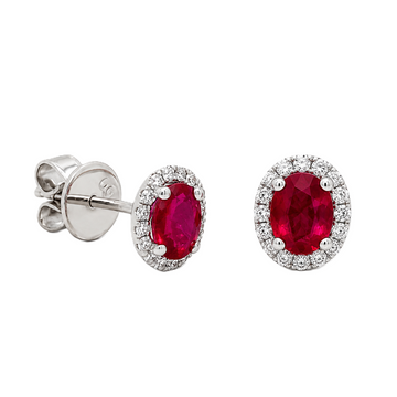 18K White Gold Oval Ruby and Diamond Halo Stud Earrings