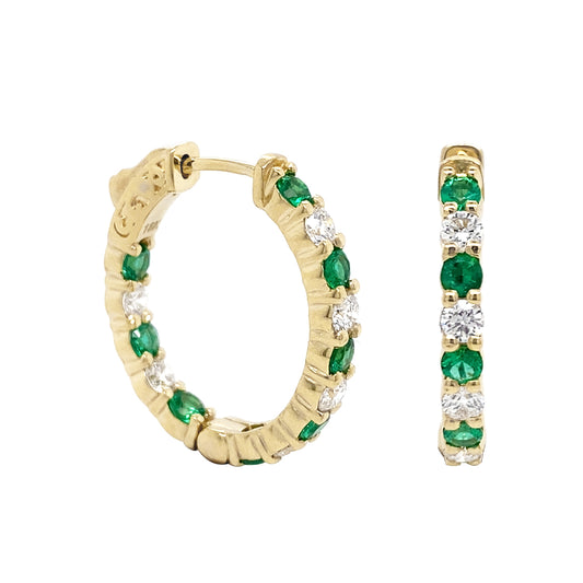 18K Yellow Gold Alternating Emerald and Diamonds Hoop Earrings