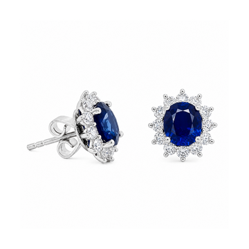 18K White Gold Oval Sapphire and Diamond Halo Stud Earrings