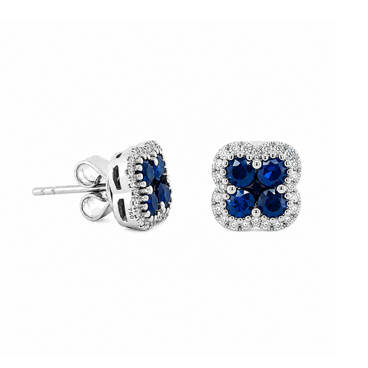 18K White Gold Clover-Shaped Sapphire and Diamond Cluster Stud Earrings