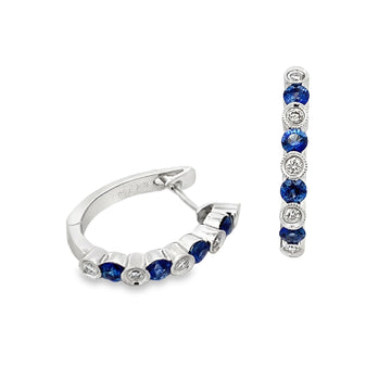 18K White Gold Alternating Sapphire and Diamond Hoops Earrings