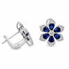 14K White Gold Sapphire and Diamond Flower Stud Earrings with Lever Closure