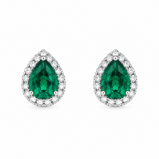 14K White Gold Tear-Shaped Emerald and Diamond Halo Stud Earrings