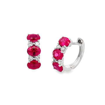14K White Gold Ruby and Diamond Huggies