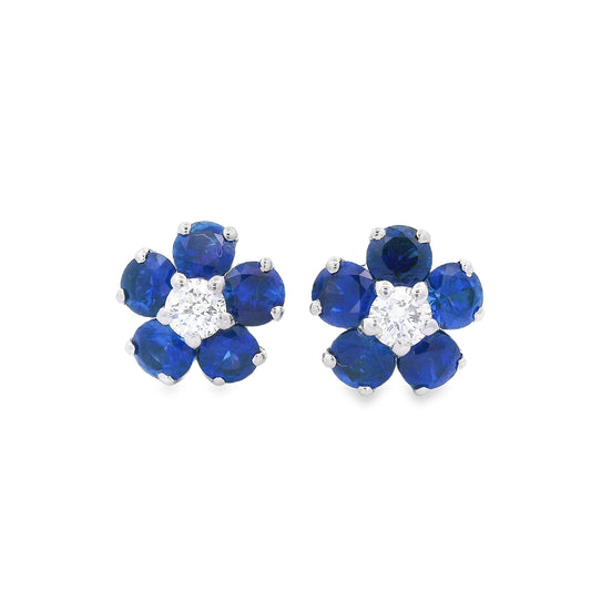 Norman Silverman 14K White Gold Small Sapphire & Diamond Flower Studs