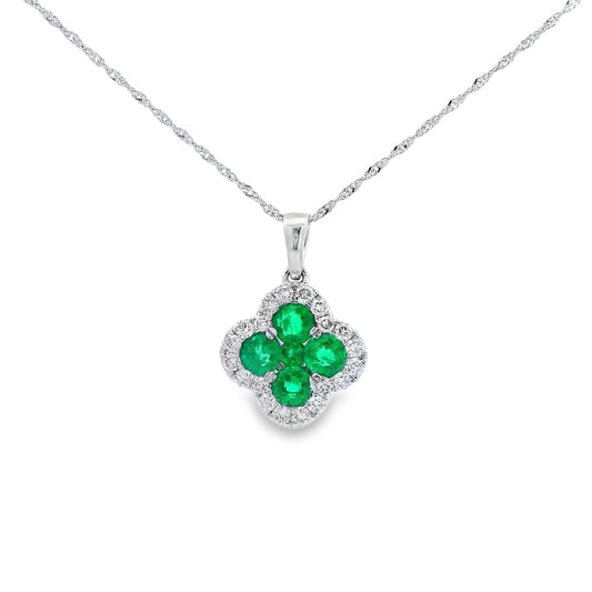 14K White Gold Emerald & Diamond Clover Pendant