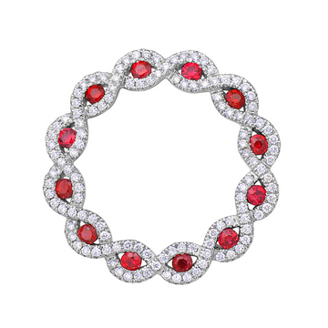 14K White Gold Ruby & Diamond Twist Circle Pendant