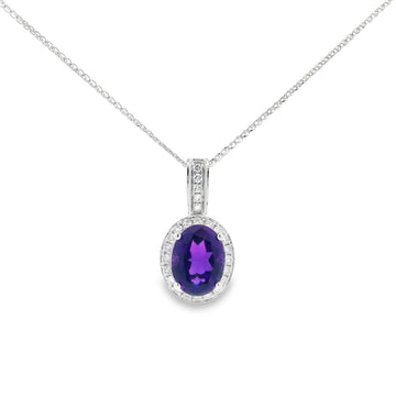 14K White Gold Oval Amethyst & Diamond Halo Pendant