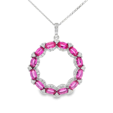 14K White Gold Pink Sapphire & Diamond Circle Pendant