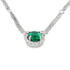 18K White Gold Oval Emerald and Diamond Halo Double Strand Cable Chain Necklace