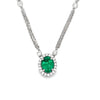 18K White Gold Oval Emerald and Diamond Halo Double Strand Cable Chain Necklace
