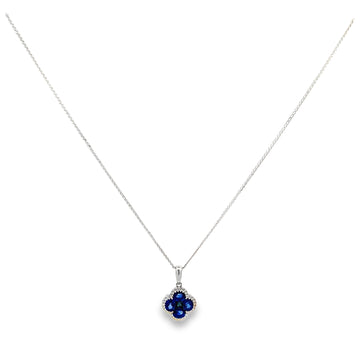 14K White Gold Sapphire and Diamond Clover Pendant with Chain