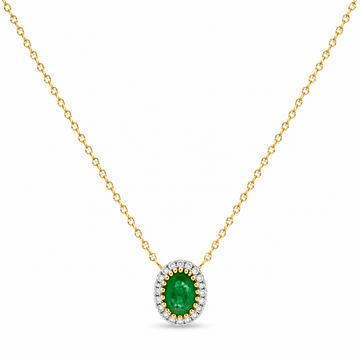 14K Yellow Gold Oval Emerald with Diamond Halo Pendant and Chain