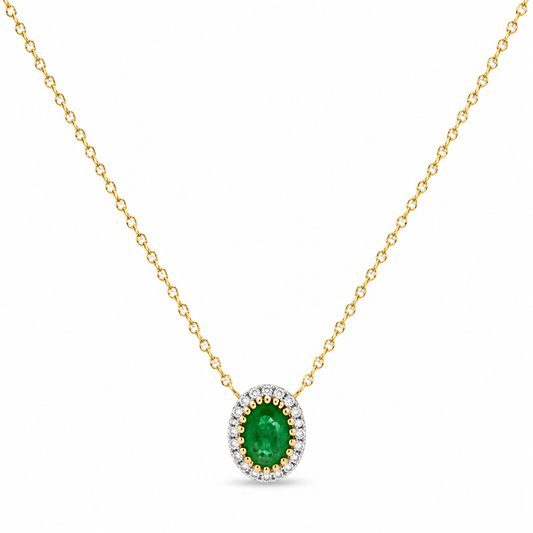 14K Yellow Gold Oval Emerald with Diamond Halo Pendant and Chain
