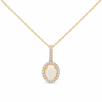 14K Yellow Gold Opal and Diamond Halo Pendant with Chain