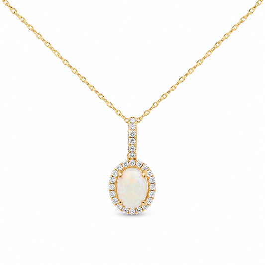 14K Yellow Gold Opal and Diamond Halo Pendant with Chain
