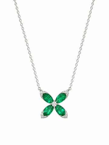 14K White Gold Emerald and Diamond Flower Pendant with Chain
