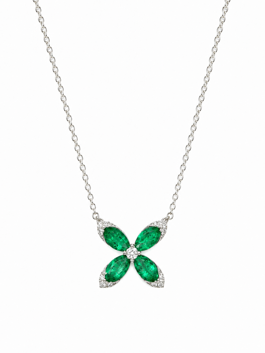 14K White Gold Emerald and Diamond Flower Pendant with Chain