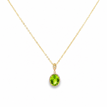 14K Yellow Gold Peridot and Diamond Halo Pendant with Chain