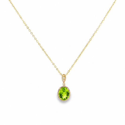 14K Yellow Gold Peridot and Diamond Halo Pendant with Chain