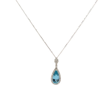 14K White Gold Aquamarine and Diamond Tear Drop Pendant with Chain