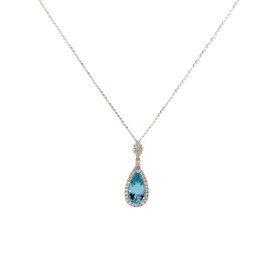 14K White Gold Aquamarine and Diamond Tear Drop Pendant with Chain