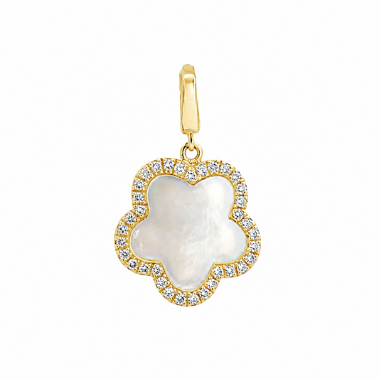 Rudolf Friedmann 14K Yellow Gold White Mother Of Pearl with Diamonds Flower Pendant