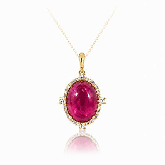 Rudolf Friedmann 14K Yellow Gold Pink Tourmaline and Diamond Halo Oval Pendant