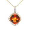 14K Yellow Gold Cushion Citrine and Diamond Halo Pendant Necklace