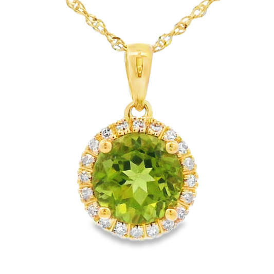 14K Yellow Gold Round Peridot & Diamond Halo Pendant