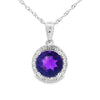 14K White Gold Round Amethyst & Diamond Halo Pendant