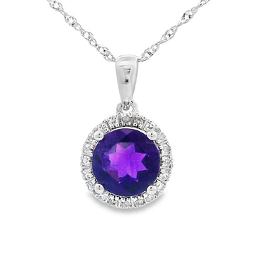 14K White Gold Round Amethyst & Diamond Halo Pendant