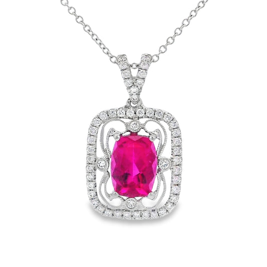 Simon G. 18K White Gold Rubellite Tourmaline Filigree Halo Pendant