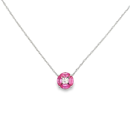 14K White Gold Pink Sapphire and Diamond Cluster Necklace 18"
