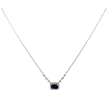 18K White Gold Cushion Sapphire and Diamond Halo Necklace