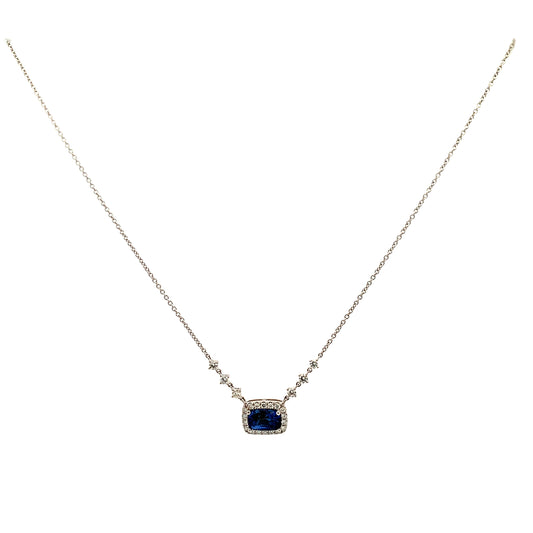18K White Gold Cushion Sapphire and Diamond Halo Necklace